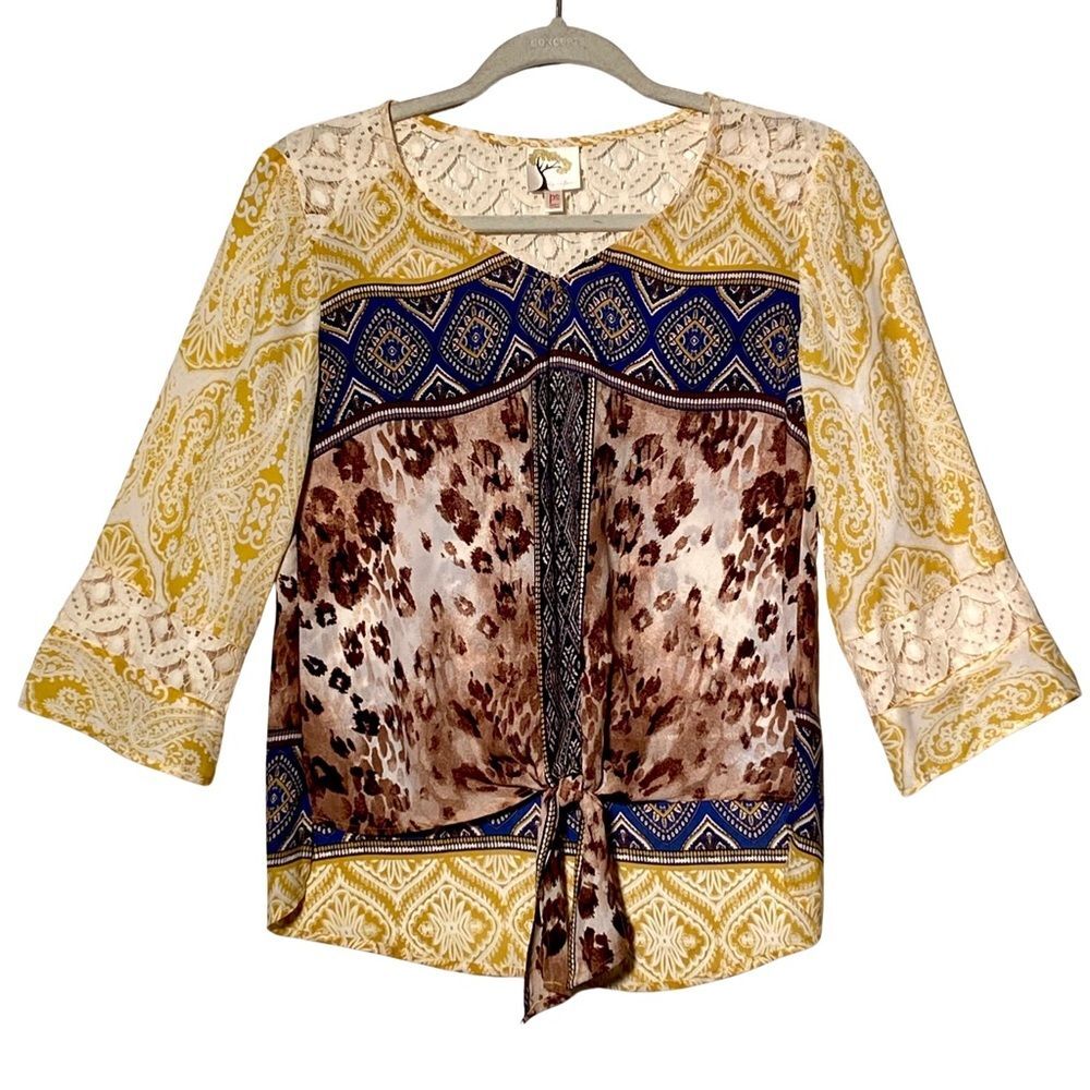 Anthropologie Fig & Flower Boho Print Lace Tie Front Bell Sleeve Top Petite S